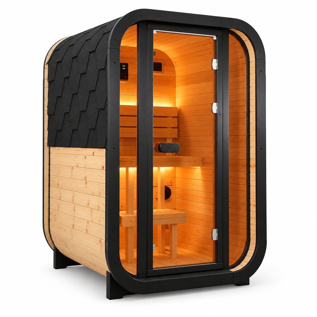 1-2 Person Outdoor Traditional Steam Sauna, Weatherproof Square Sauna Cabin with Black Trim, Natural Spruce Wood Sauna Room, LED Strip & Panoramic Glass Door, for Backyard Garden Home Spa, Relaxation