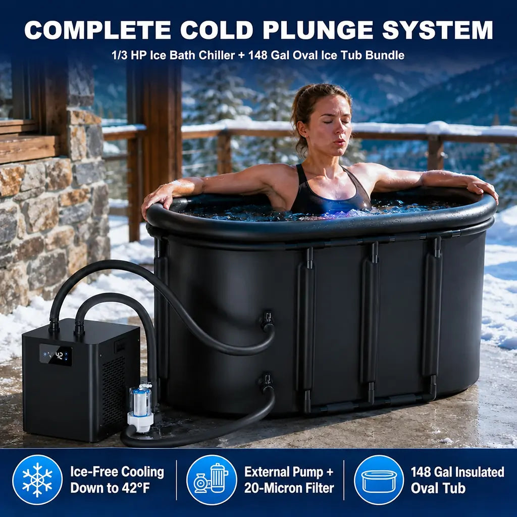1/3 HP Ice Bath Chiller & 148 Gal Oval Cold Plunge Tub Kit