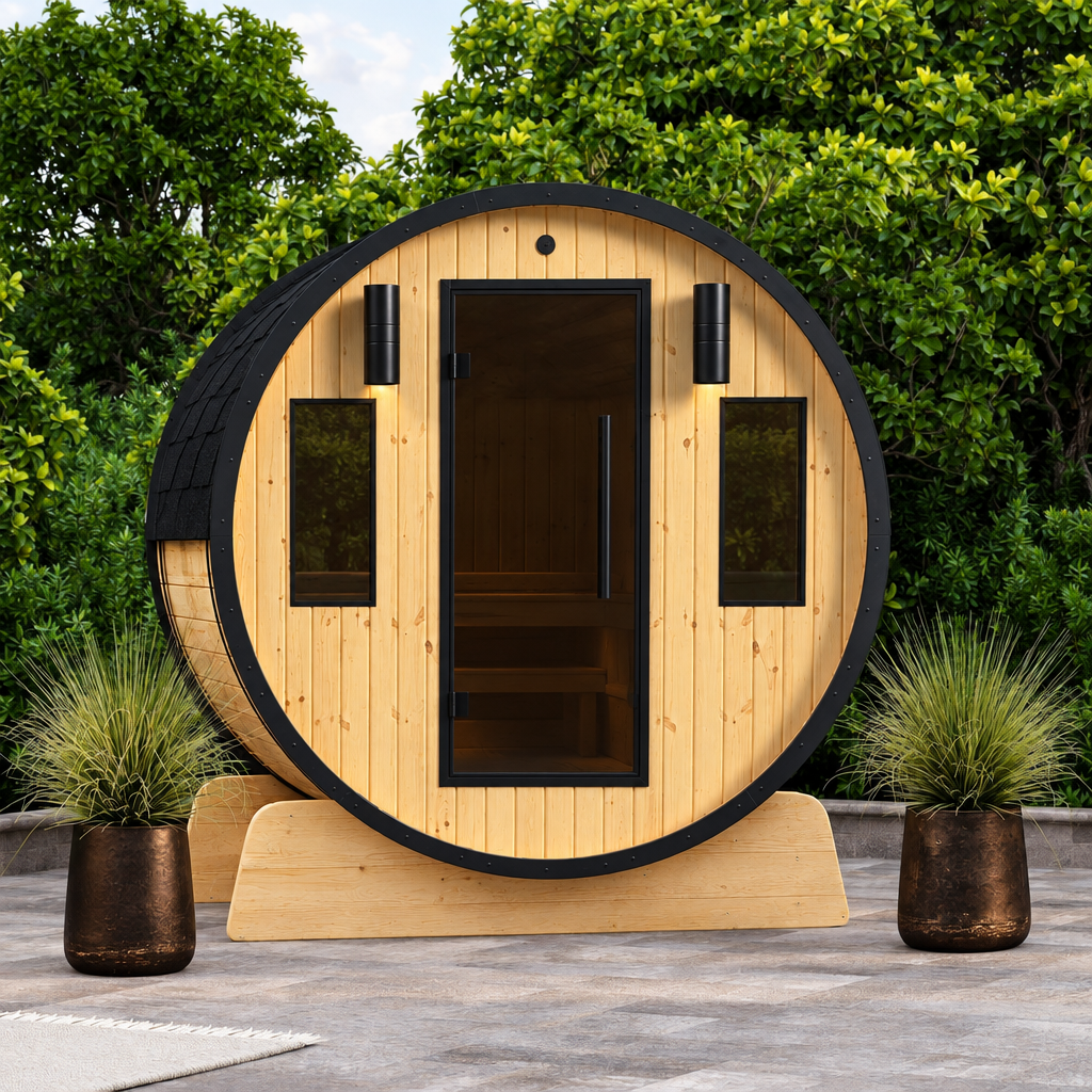 3-Person Capacity Outdoor White Finland Pine Wet/Dry Traditional Barrel Sauna with Black Accents